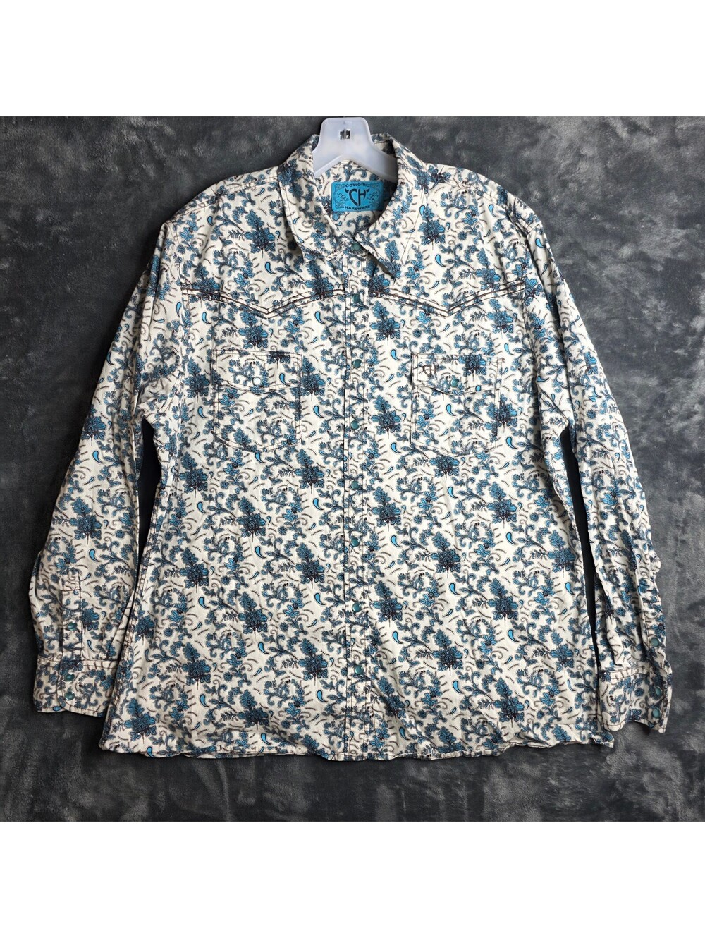 Cowgirl Hardware Shirt Womens XLarge White Turquoise Floral/Paisley Pearl Snap